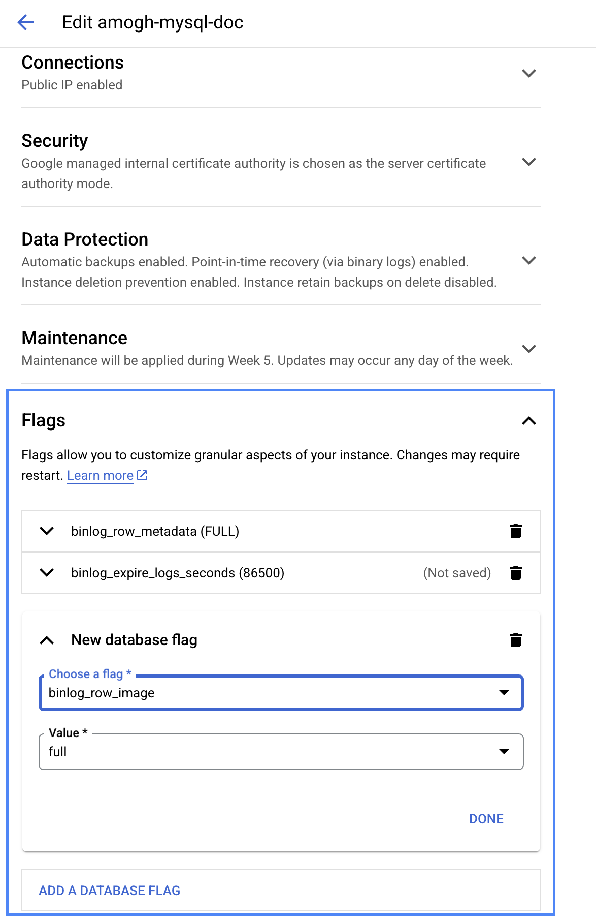 Настройка binlog-флагов в GCP